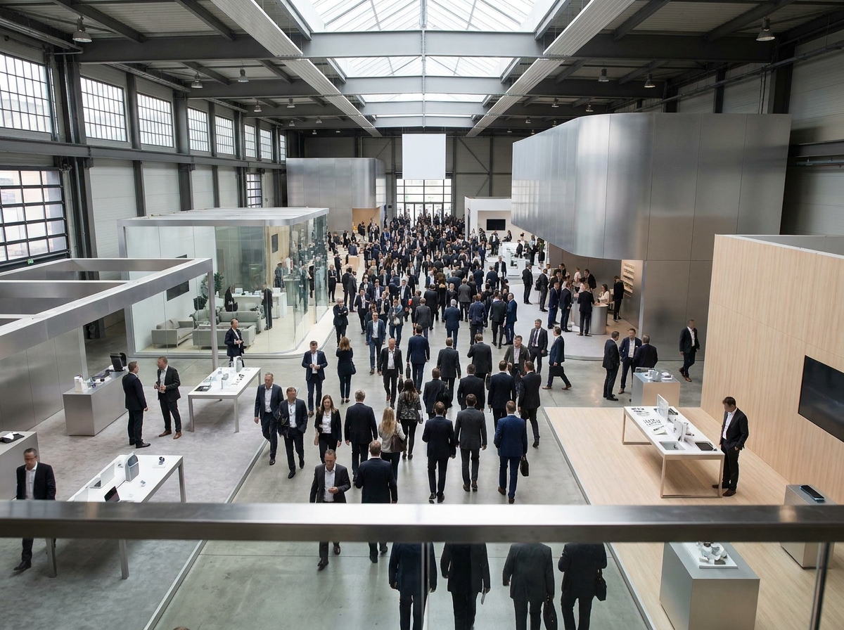 A high-angle view of a busy tech expo floor with attendees and exhibitor booths.