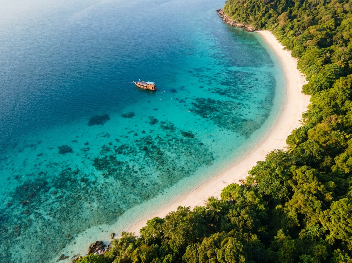 An aerial view of a tour boat anchored near a tropical island, representing a travel event.