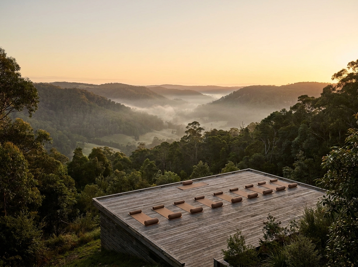 An empty yoga deck prepared for a wellness retreat, symbolizing organized travel registration.