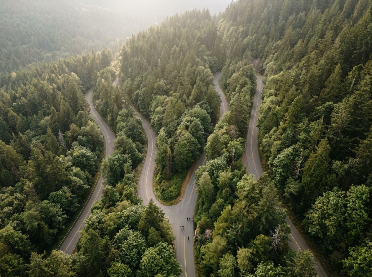 A winding road through a forest, illustrating the flexible package options for a travel event.
