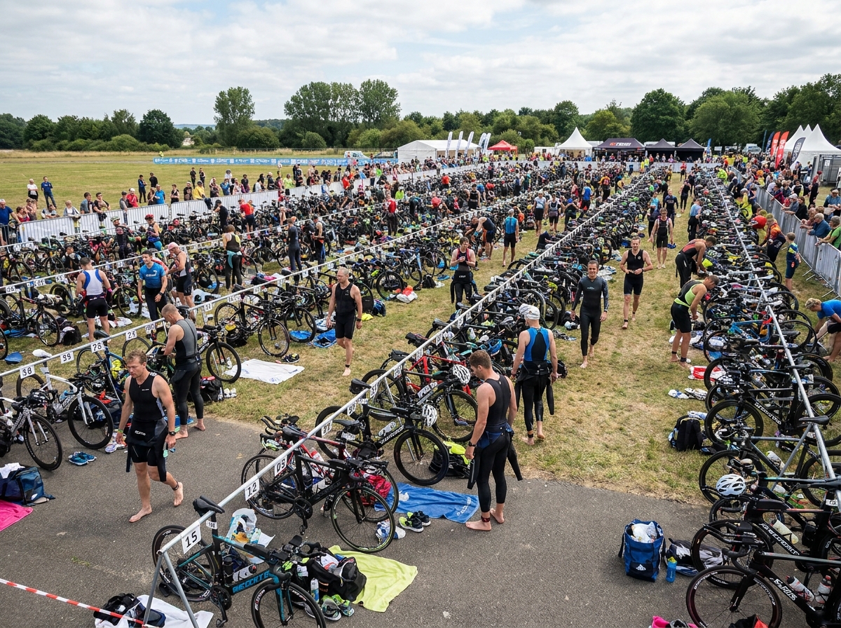 A busy bike transition area at a triathlon, filled with racing bicycles.