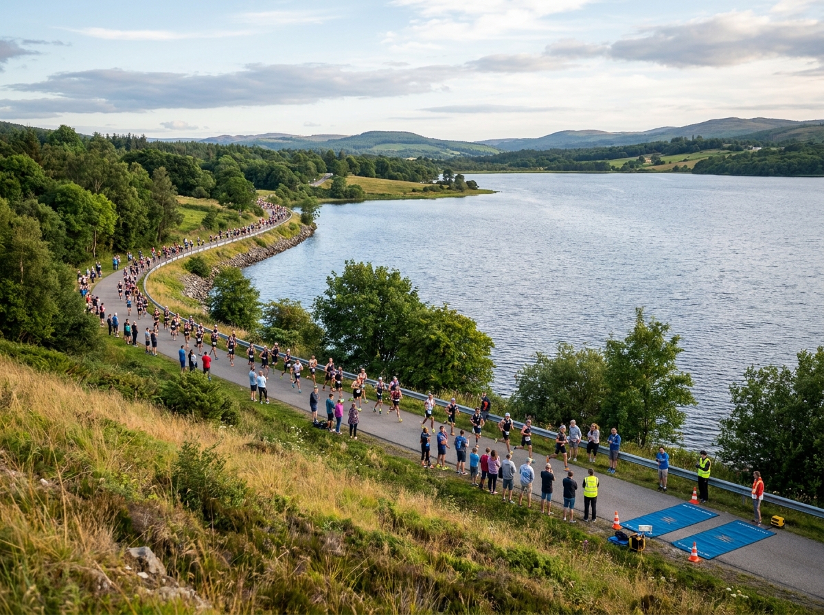Athletes competing in the running portion of a triathlon along a scenic route.
