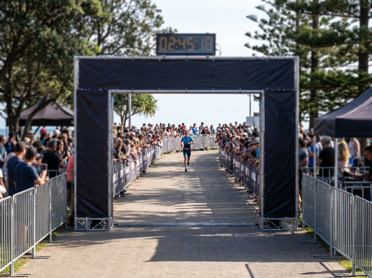 An athlete crossing the finish line at a major triathlon event.