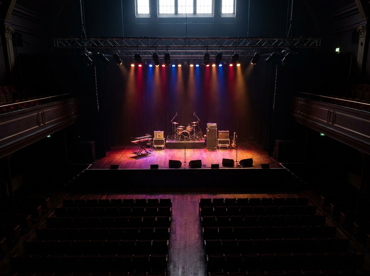 An empty music venue seen from above, with the stage lit for an upcoming show.