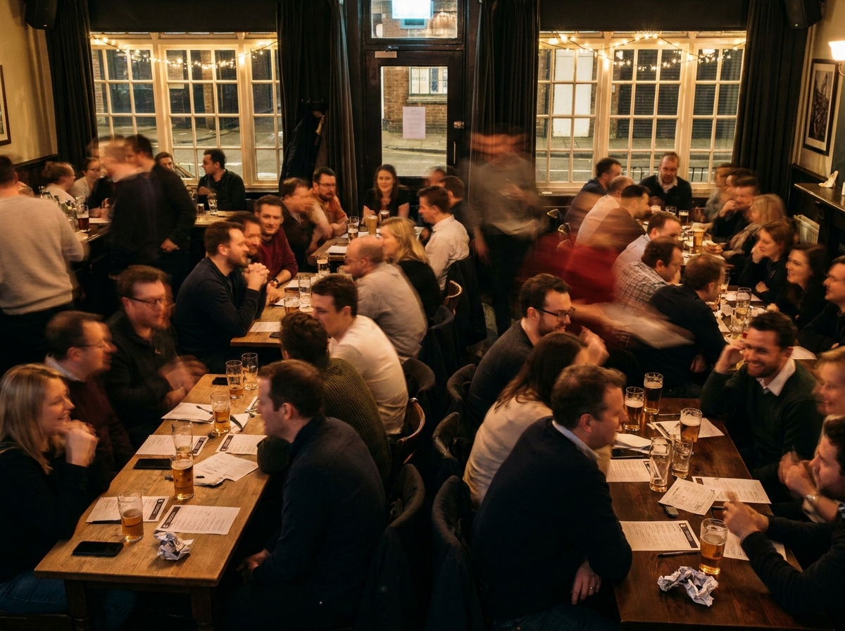 A group of attendees enjoying a pub quiz charity event.