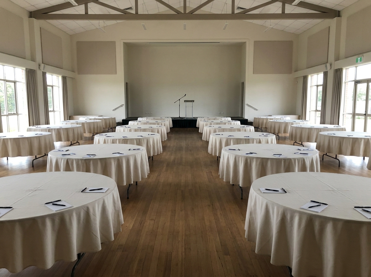 Tables set up and ready for a fundraising trivia night in a hall.