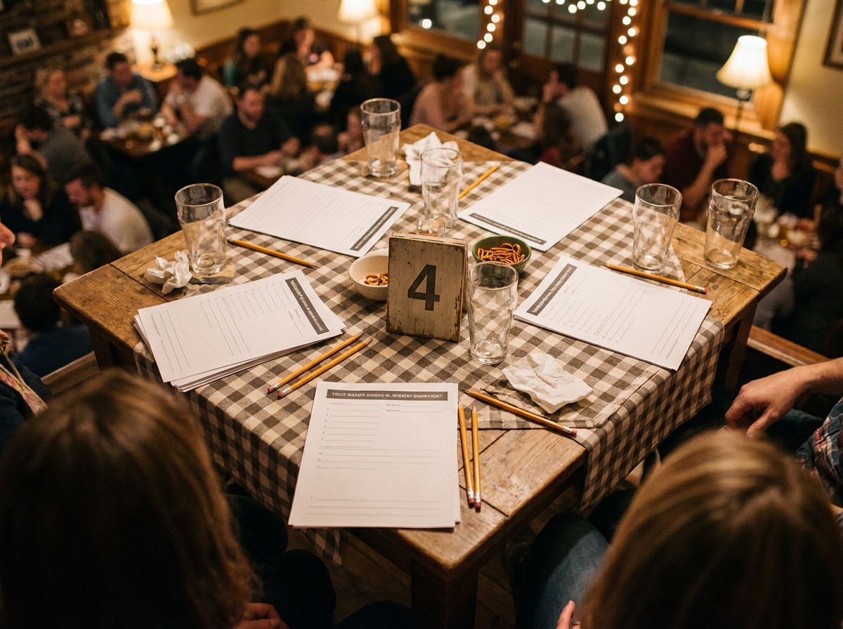 A table prepared with answer sheets and pencils for a trivia night fundraiser.