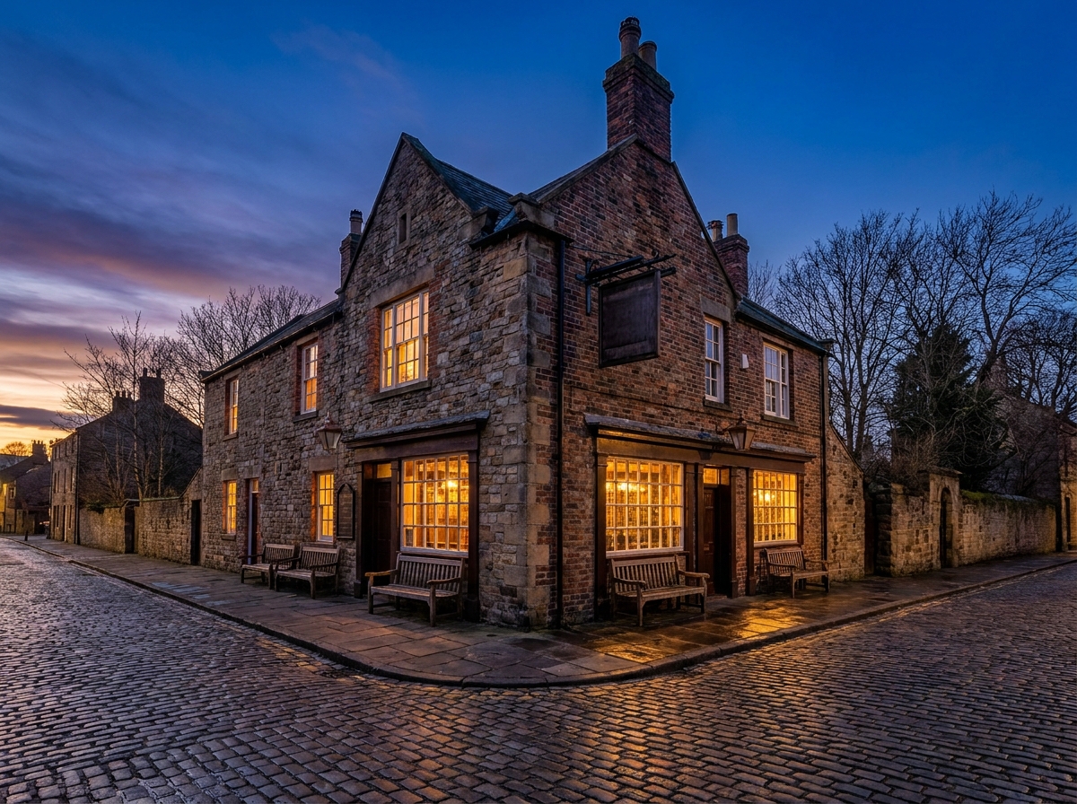 A cozy corner pub at dusk, an ideal venue for a trivia night.