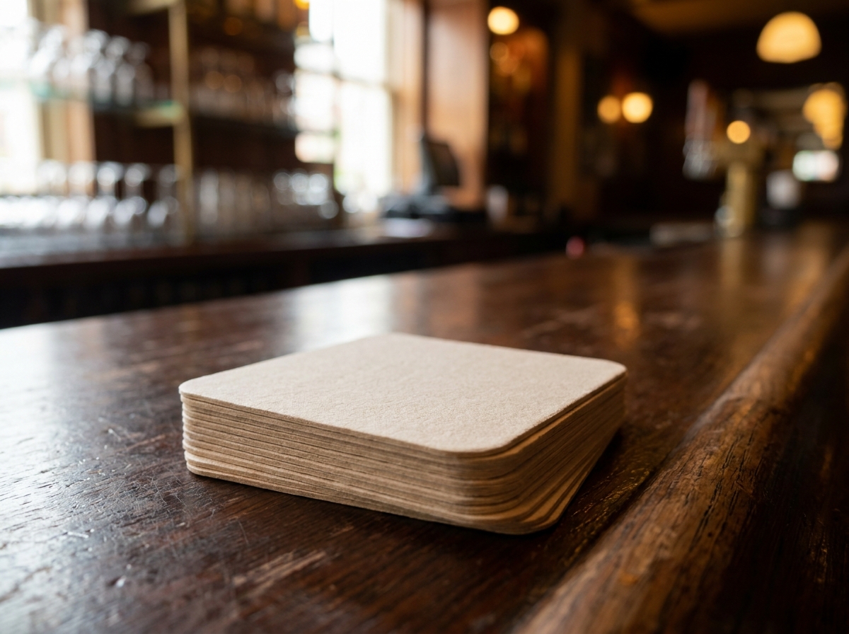 A stack of beer coasters on a bar, representing a pub quiz setting.