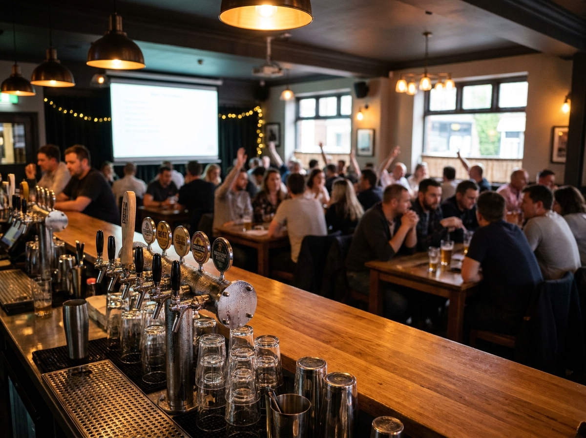 The view of a bar trivia event from the bartender's perspective.