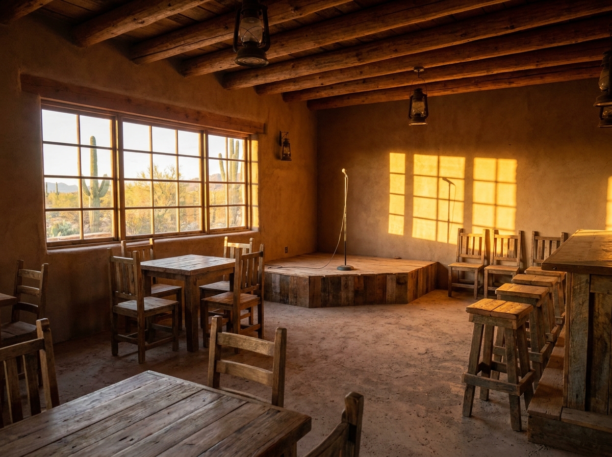 An empty bar in Tucson prepared for a local comedy night.