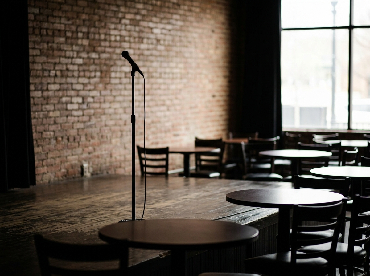 A microphone on a stand on an empty comedy club stage.
