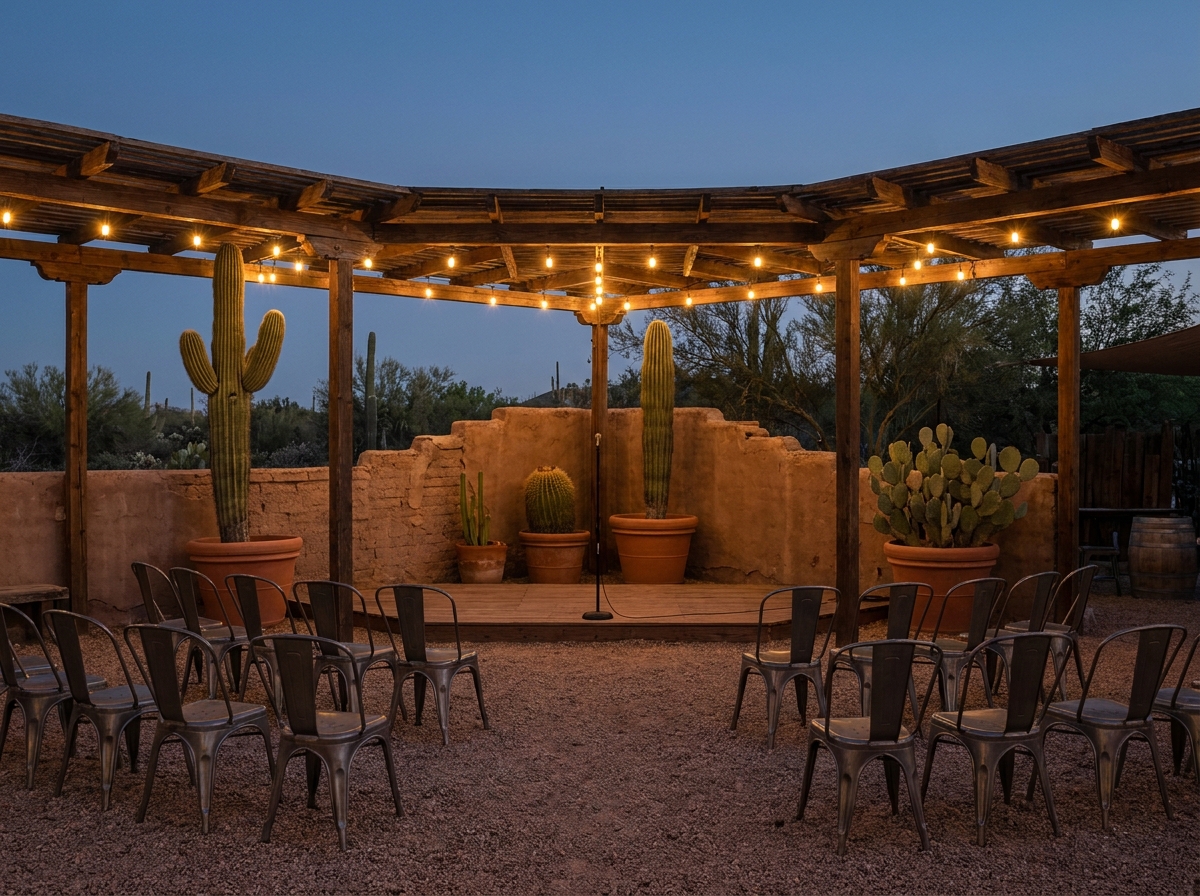 An outdoor patio space in Tucson set for an evening comedy show.