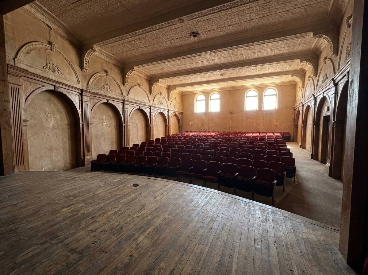 View from the stage of an empty historic theater in Tucson before a comedy show.