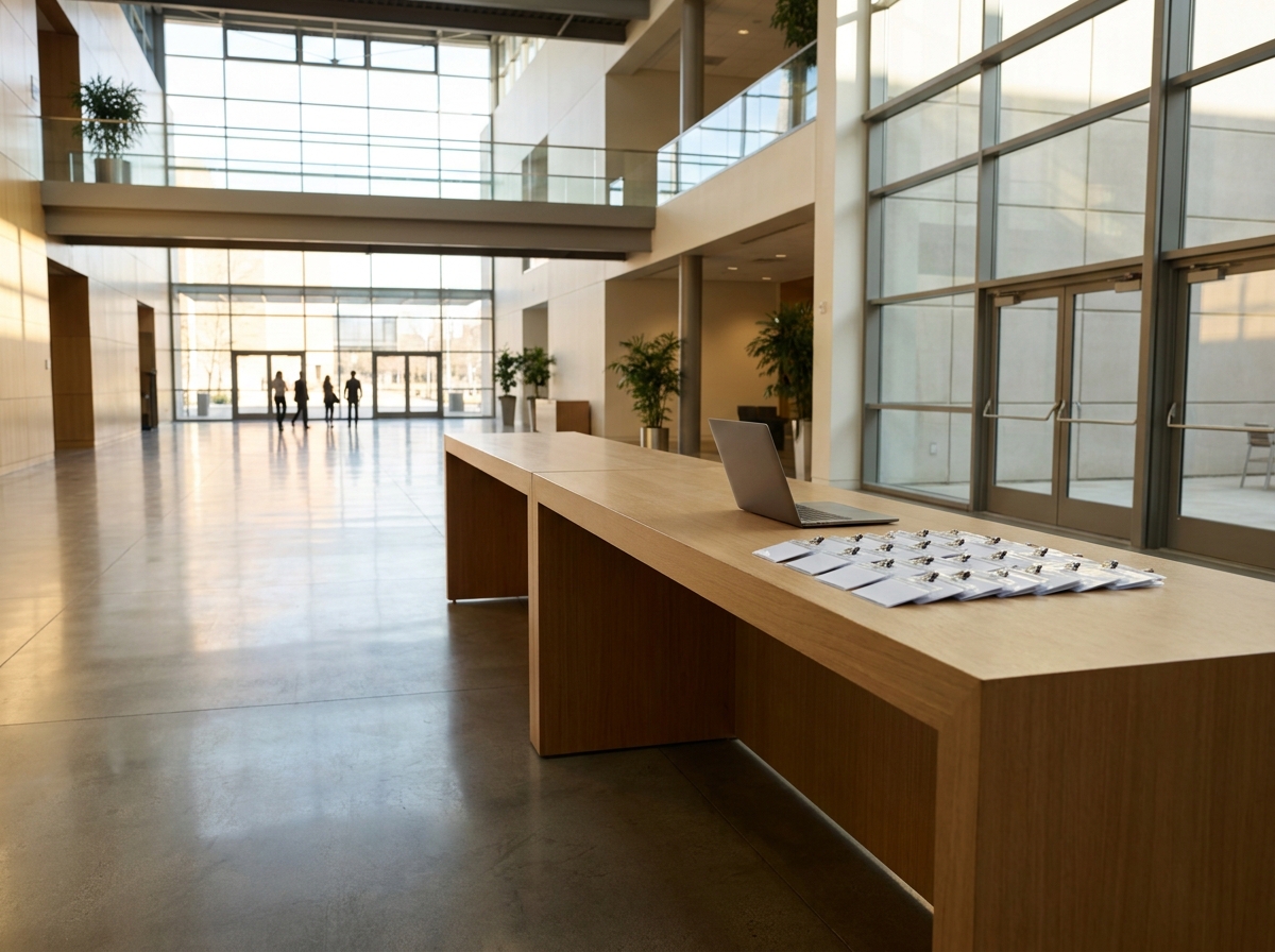 A registration desk prepared for a business event check-in.