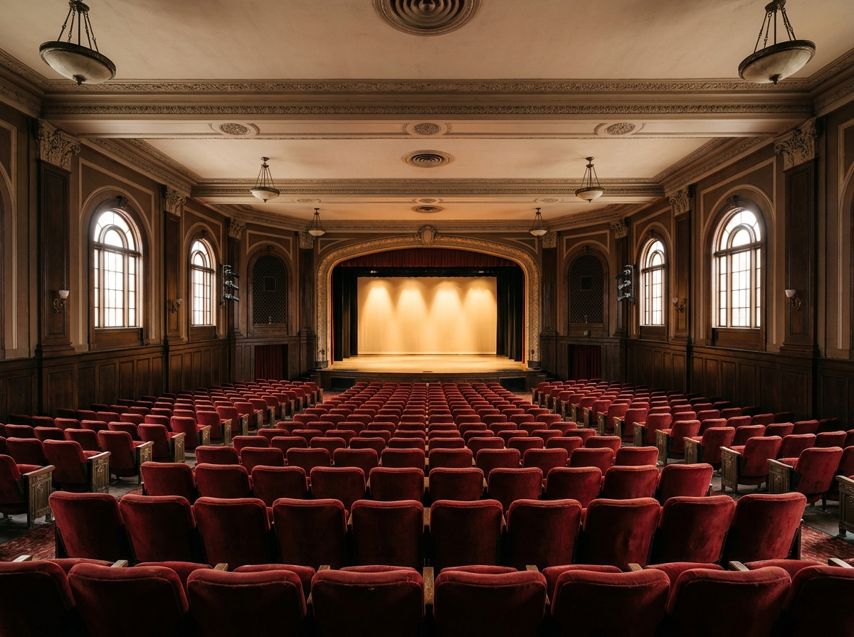 Empty seats in a theater facing a lit stage, ready for a Tulsa comedy show.