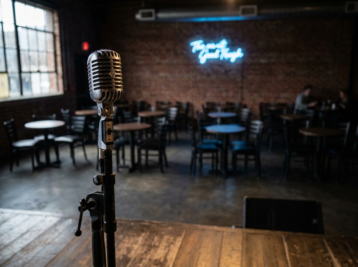 A microphone on a stand on an empty comedy stage.