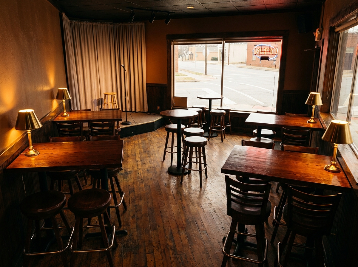 A corner stage in a Tulsa bar set up for an intimate comedy show.