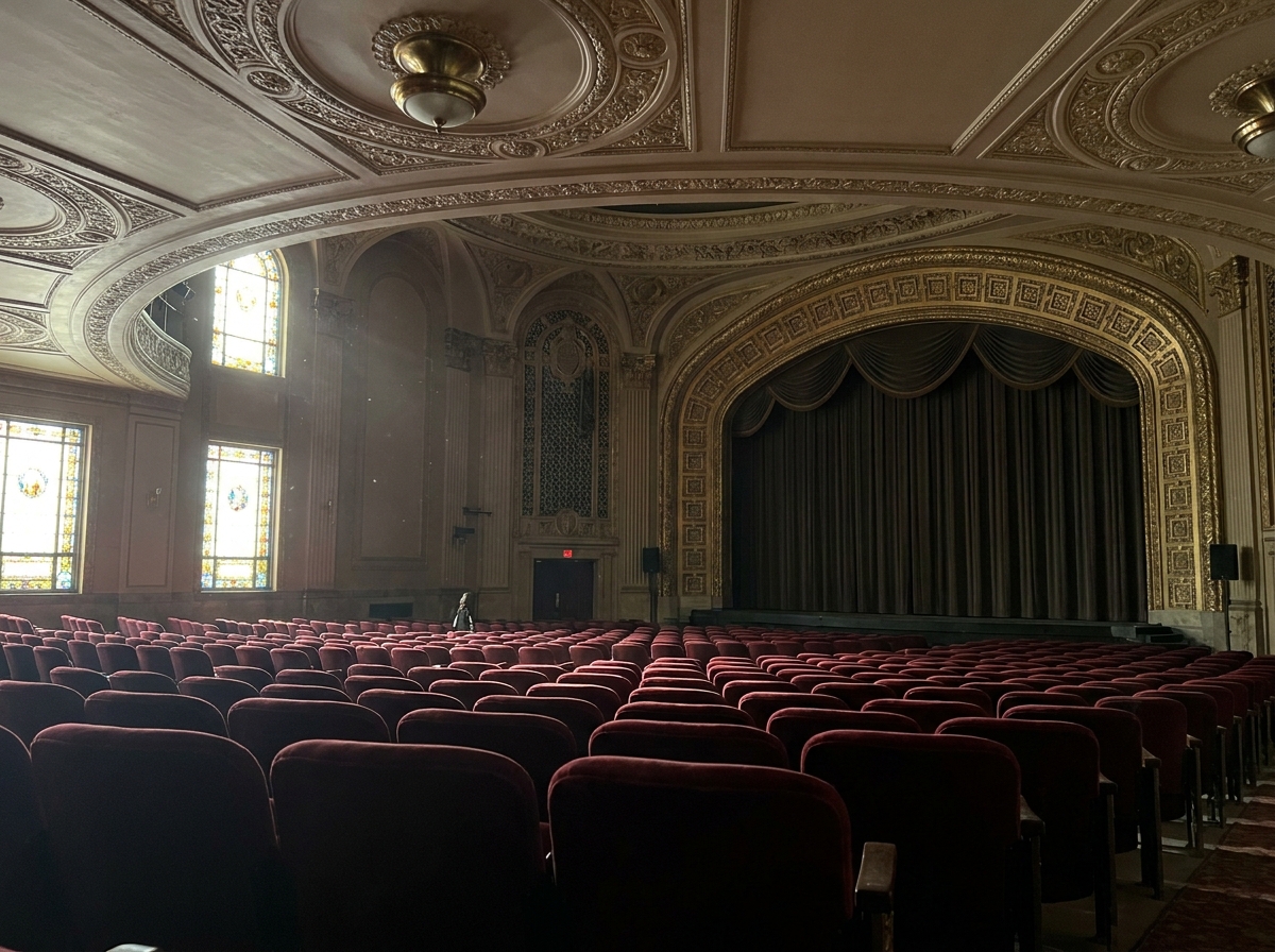 Empty seats inside a classic Art Deco theater in Tulsa.