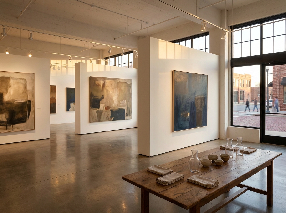 An art gallery in Tulsa prepared for an evening event.