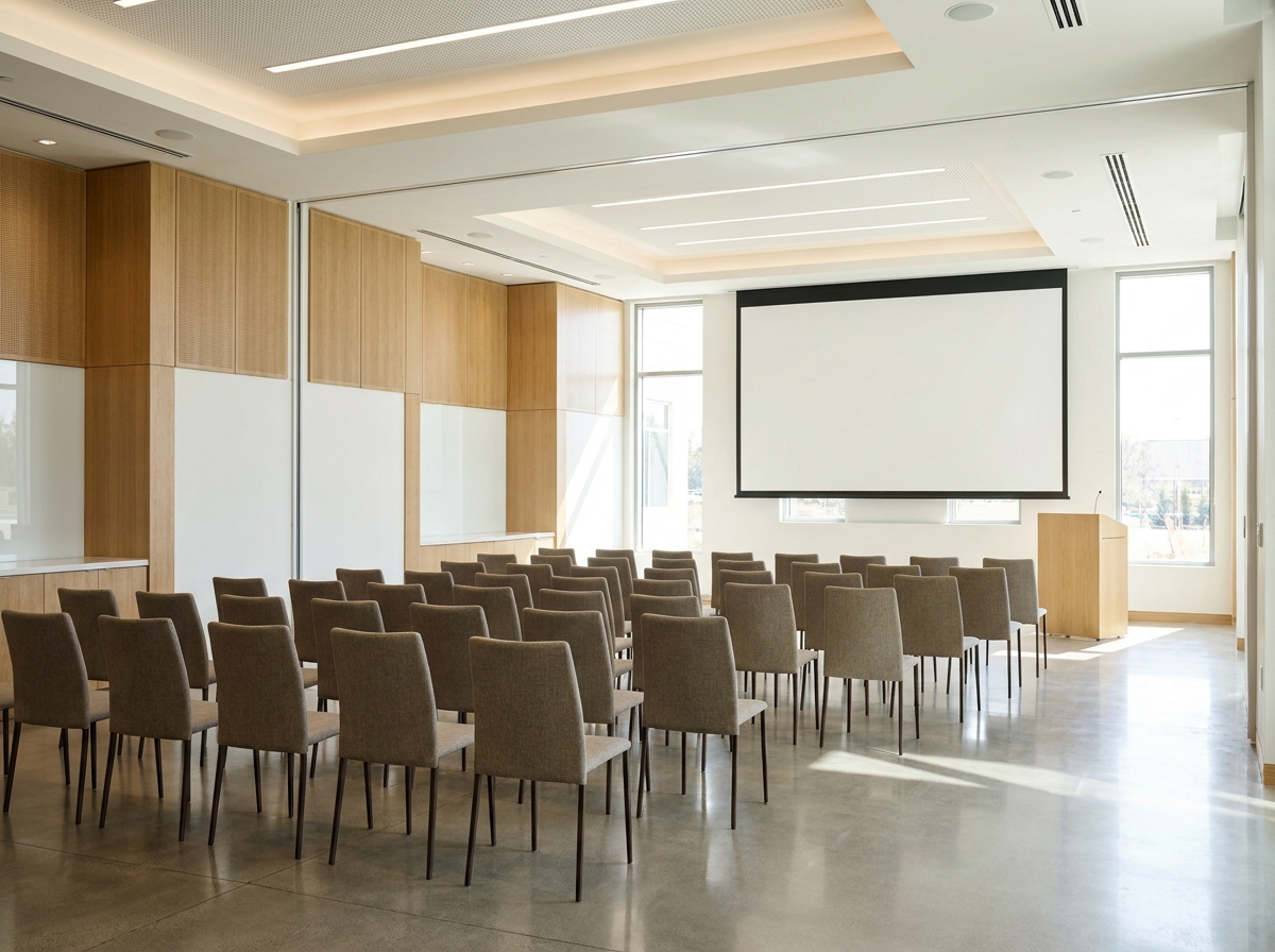 An empty conference room set up for a professional business event.