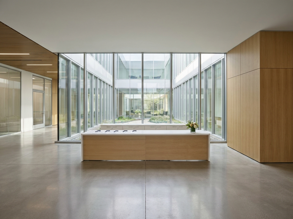 An event registration desk in a modern corporate lobby, ready for attendees.