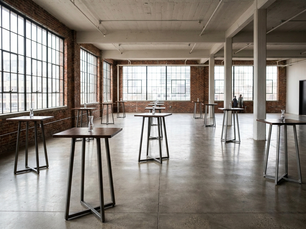 An empty event space with exposed brick, set up for a networking event.