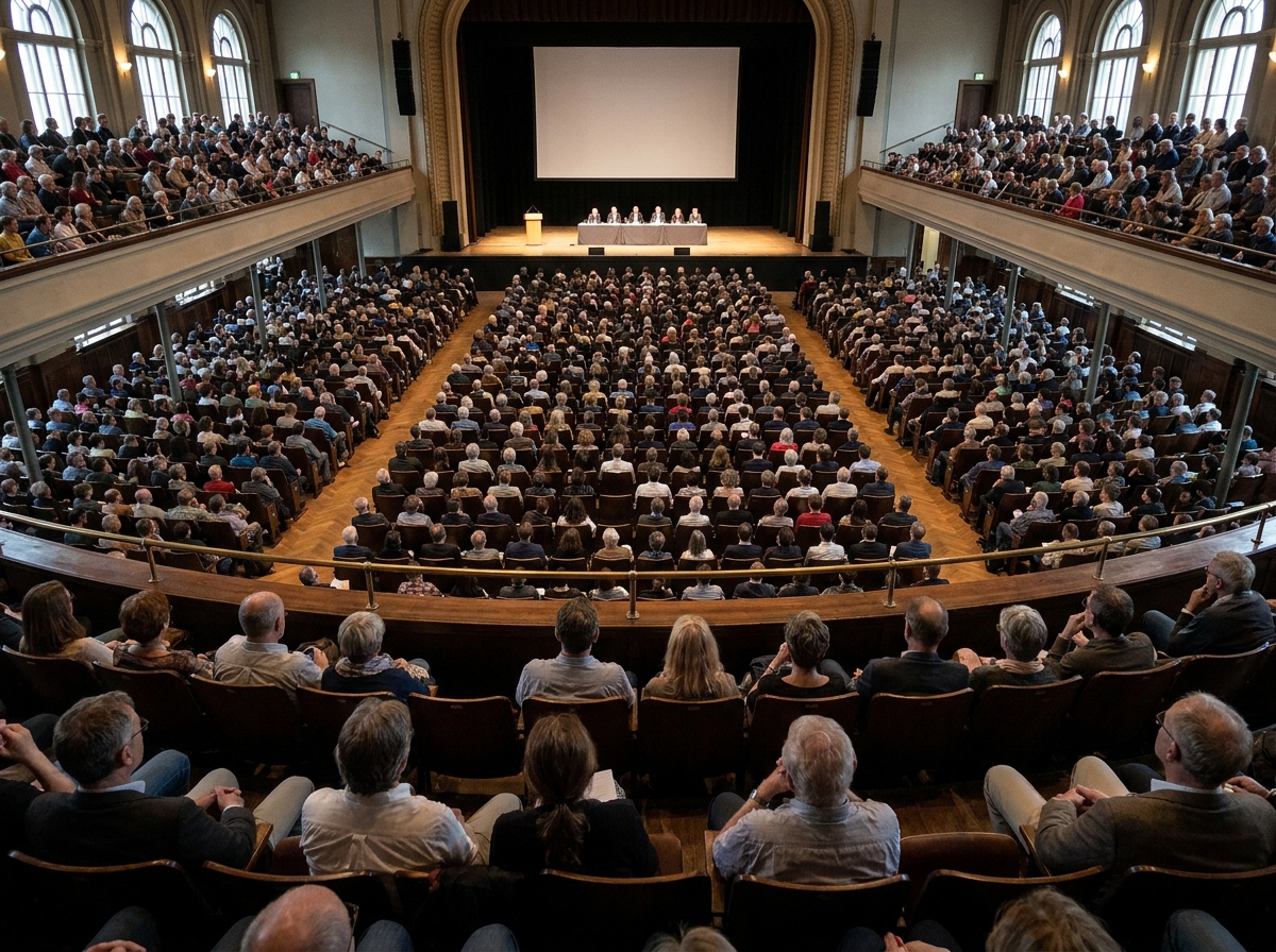 A large, engaged audience at a TV event panel discussion.