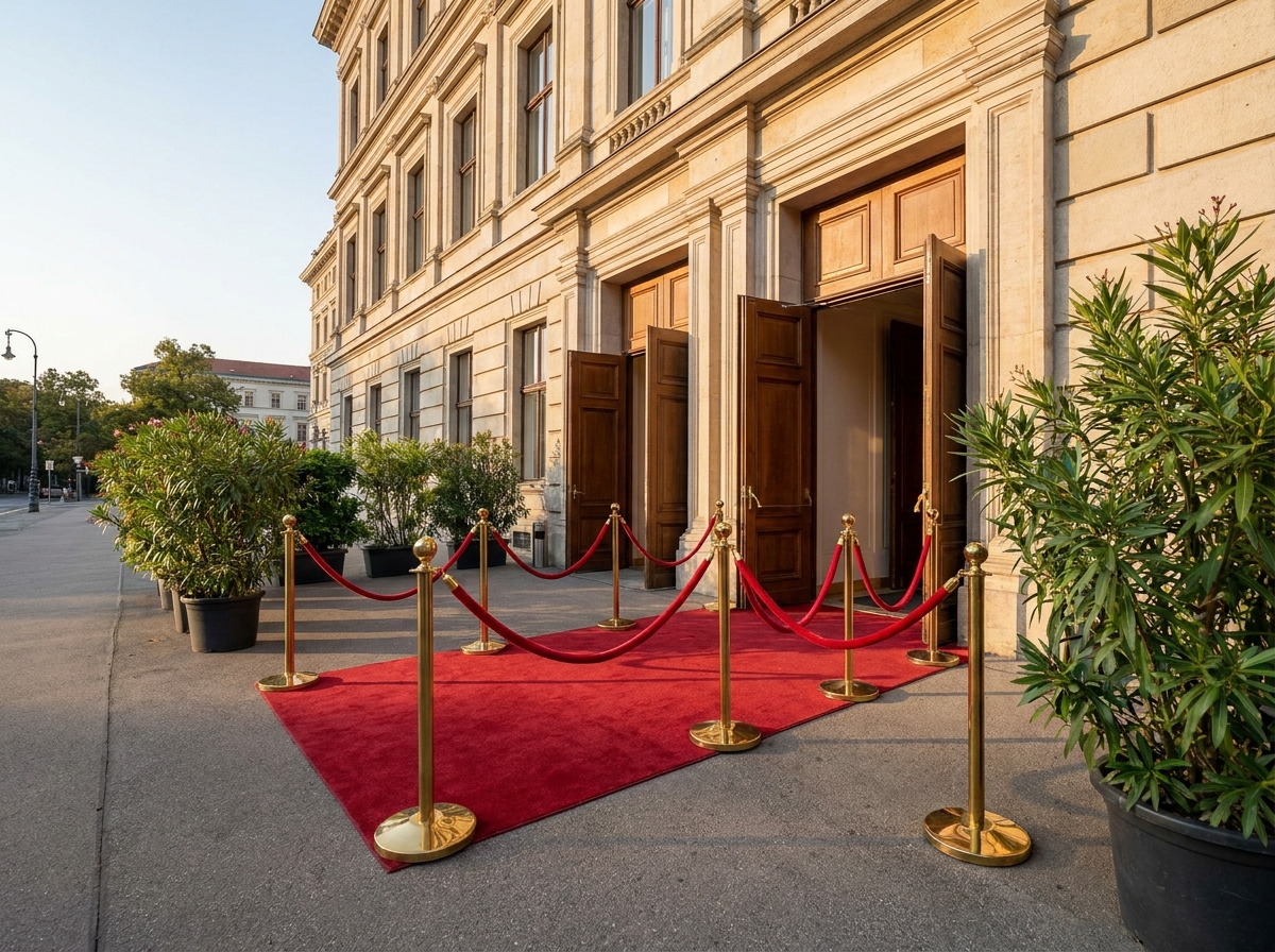 A red carpet entrance ready for guests at an exclusive TV event premiere.