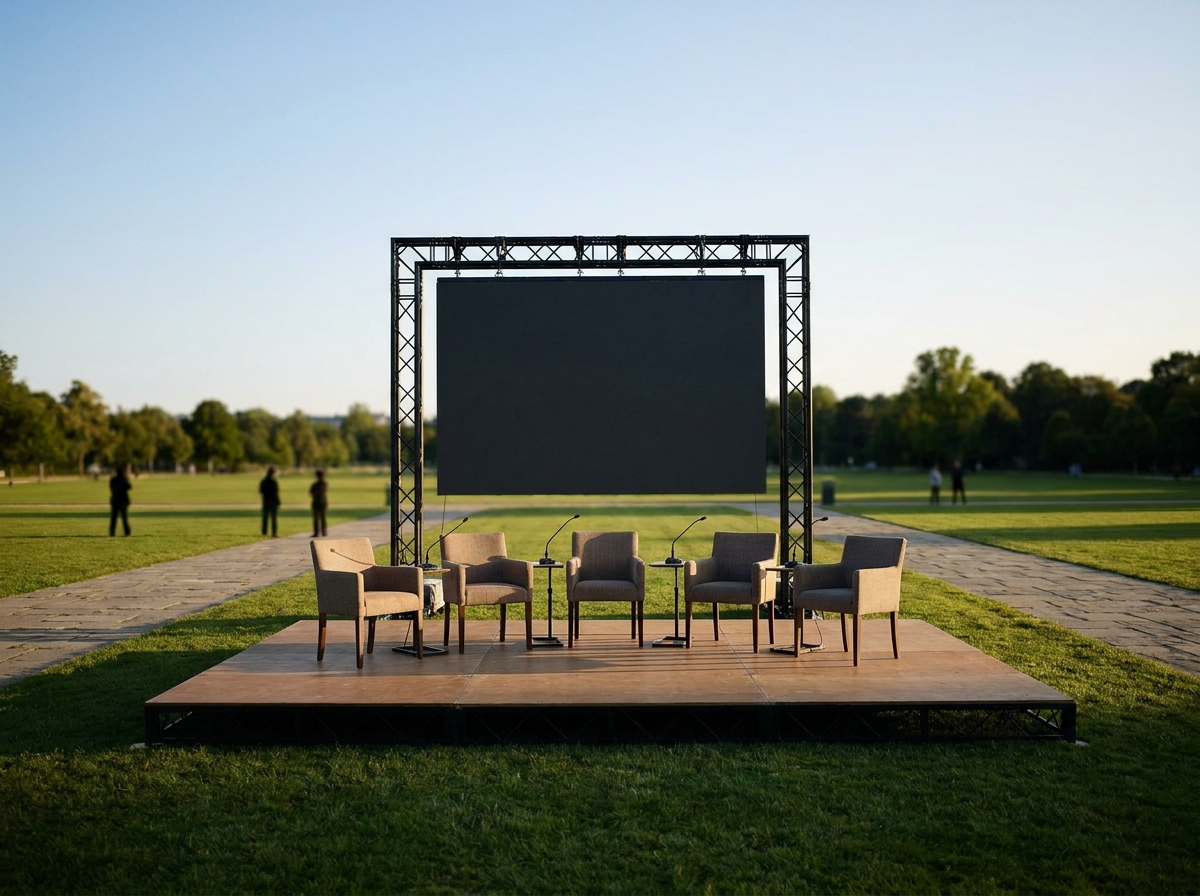 A stage set for a panel discussion at a TV fan event.