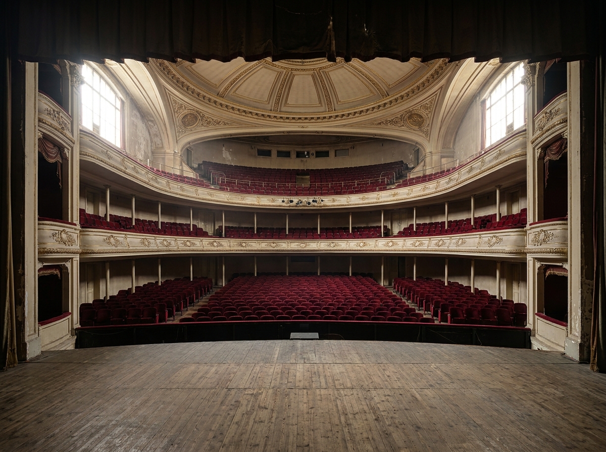 The view of an empty theater's seats from the stage, awaiting an audience for a TV event.