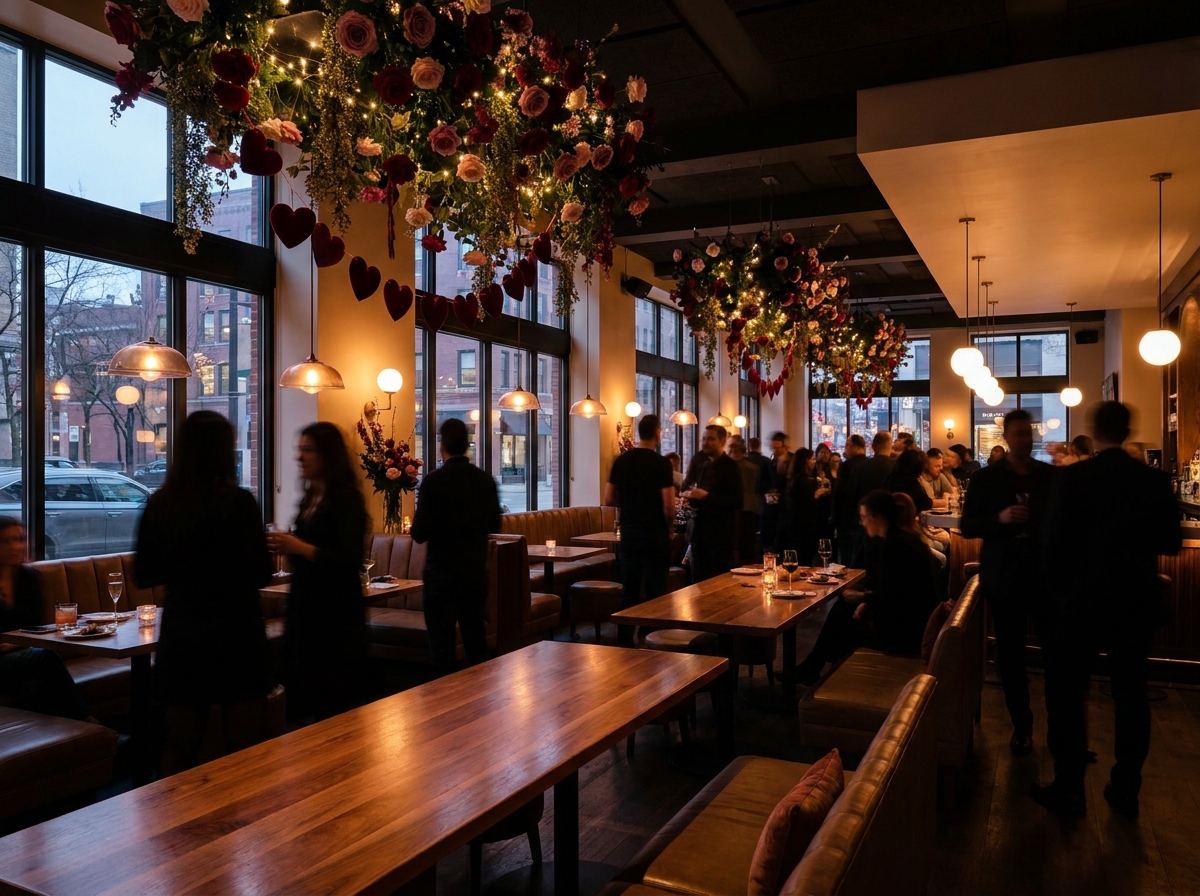 People mingling at a festive Valentine's Day party.