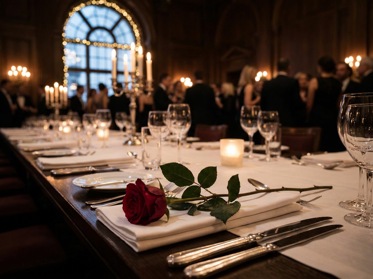 A single red rose on a table setting for a Valentine's event.