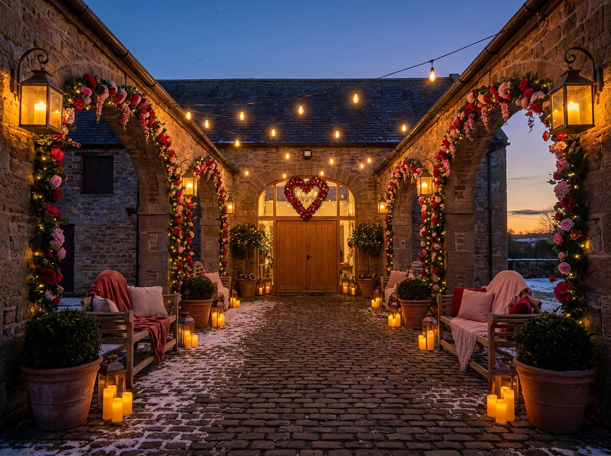 The welcoming entrance to a Valentine's Day event venue.