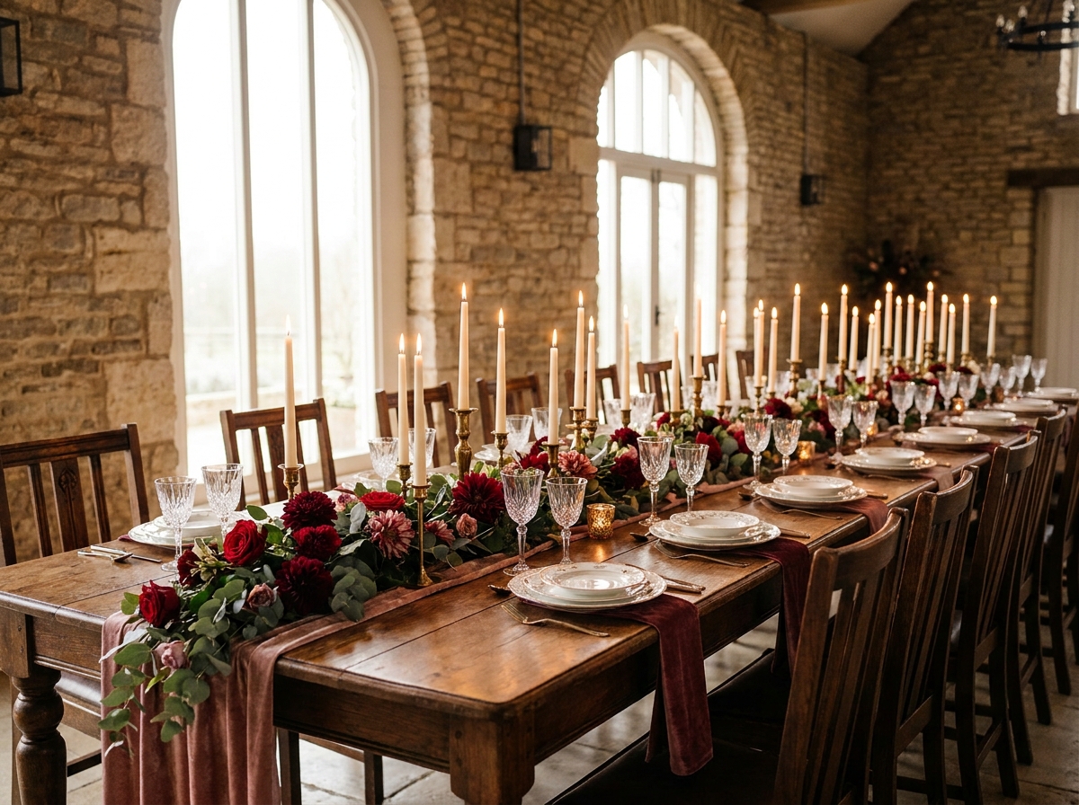 A beautifully decorated long table set for a Valentine's Day dinner party.