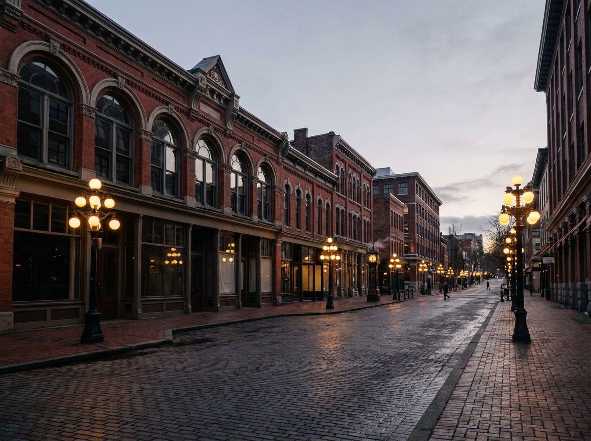 An atmospheric evening street view in Vancouver's historic Gastown district.