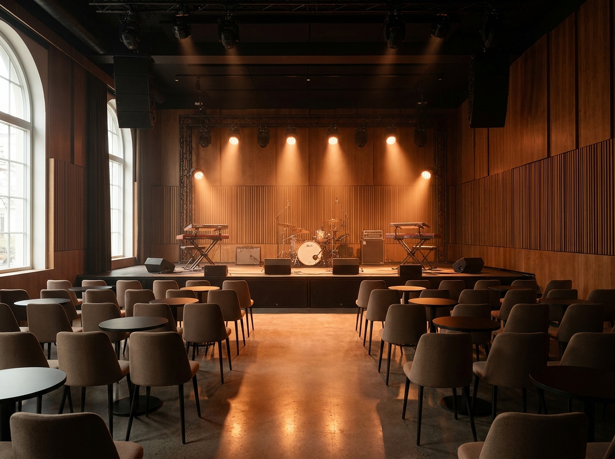 A stage with instruments and lighting at a music venue, ready for a performance.