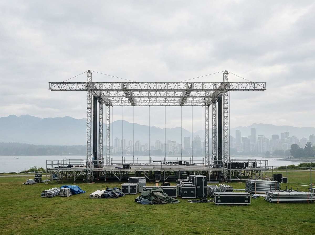 An outdoor festival stage in a Vancouver park, with the cityscape in the background.