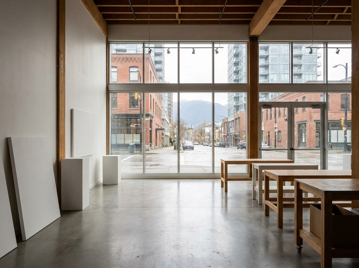 An empty art gallery space with bright lighting, prepared for an event in Vancouver.
