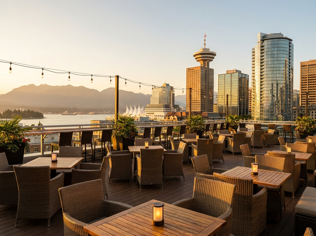 A rooftop venue set for a networking event with views of Vancouver.