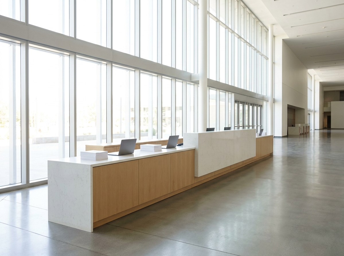 An empty, organized check-in desk for a business event.