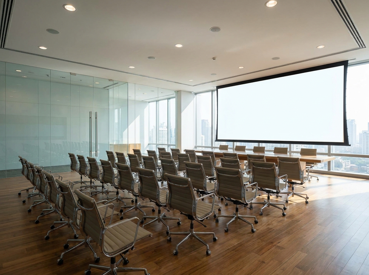 An empty seminar room ready for a business presentation.