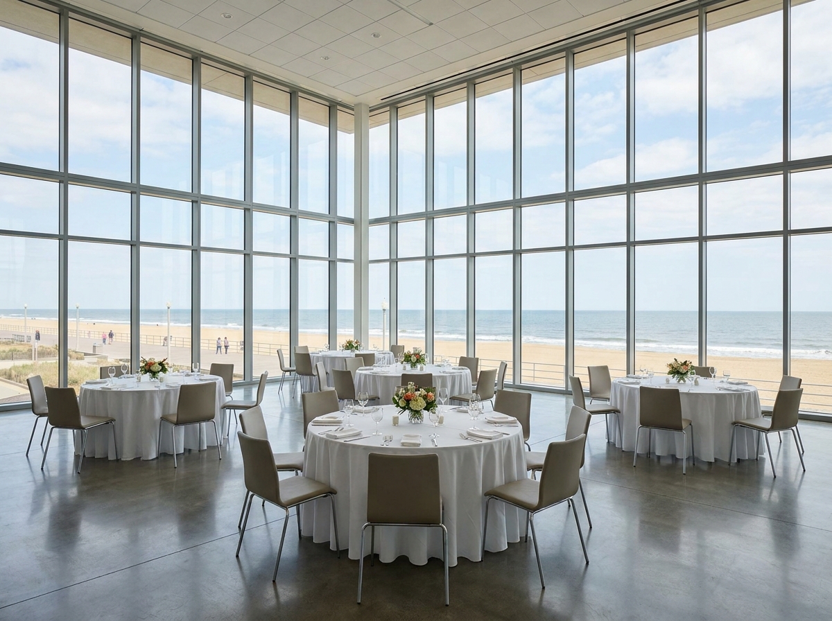 An empty event space with tables set for a gathering in Virginia Beach.