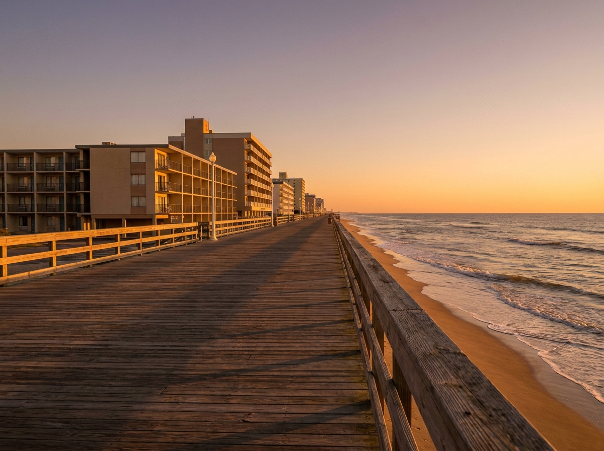 The empty Virginia Beach boardwalk at sunset, a prime location for events.