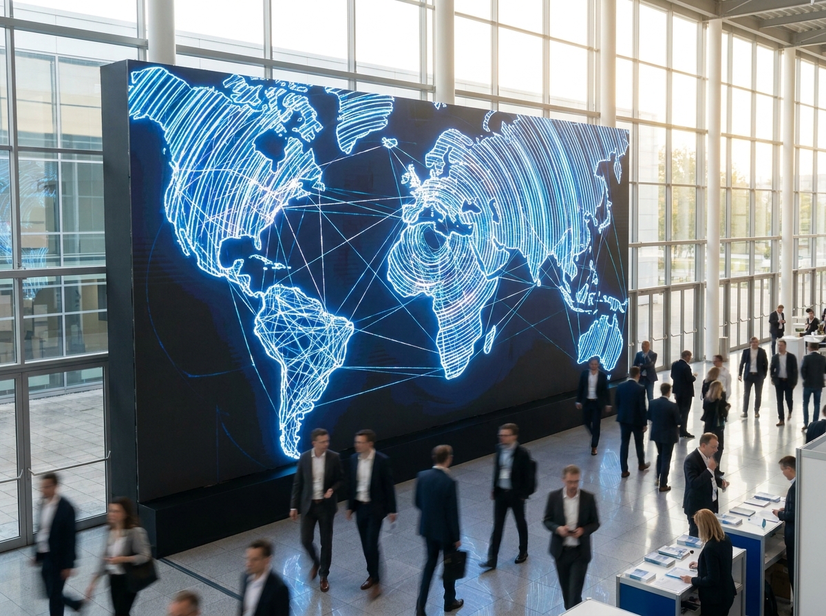 A map of the world with glowing dots, symbolizing a global audience for a virtual conference.