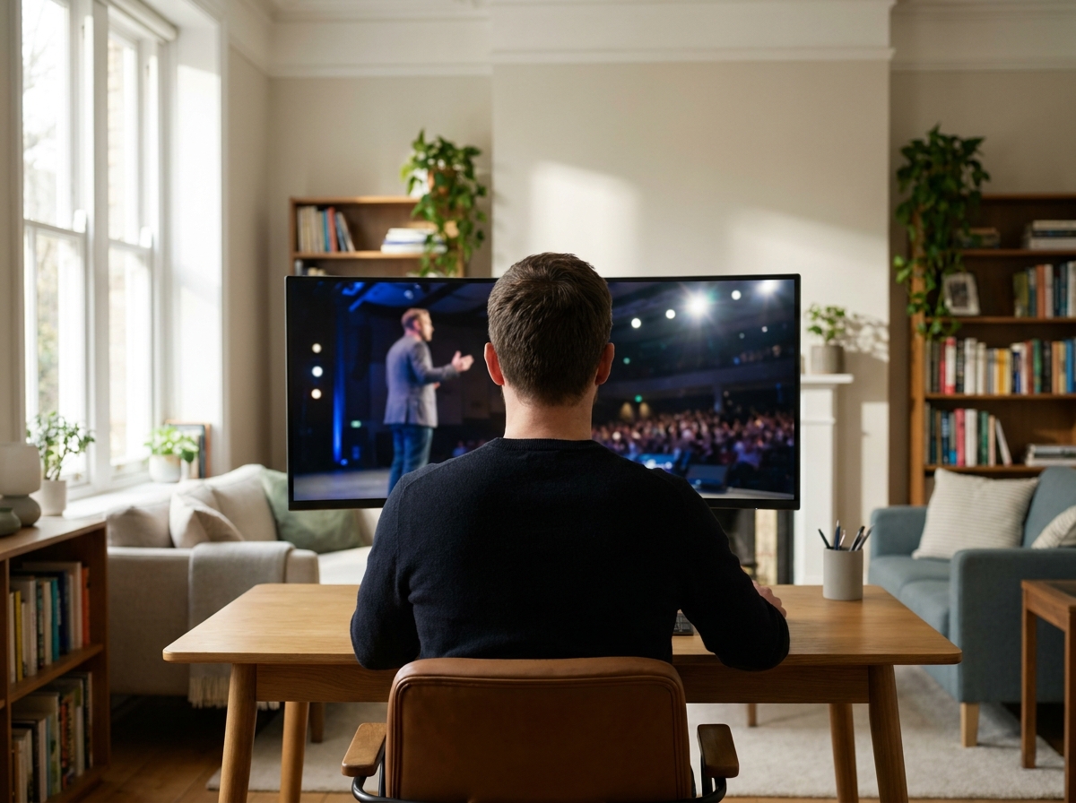 An attendee watching a virtual conference keynote from their well-equipped home office.