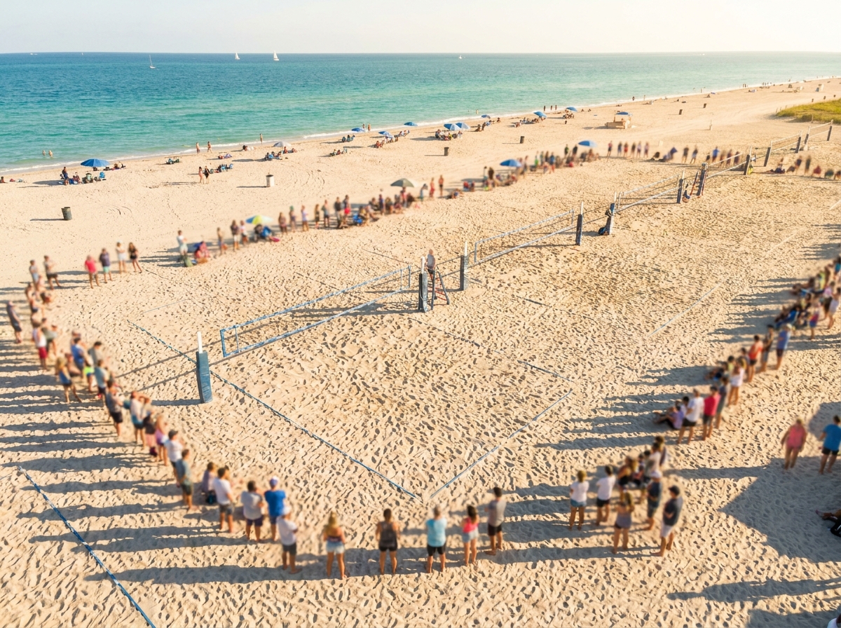A sunny beach volleyball tournament with spectators watching multiple games.