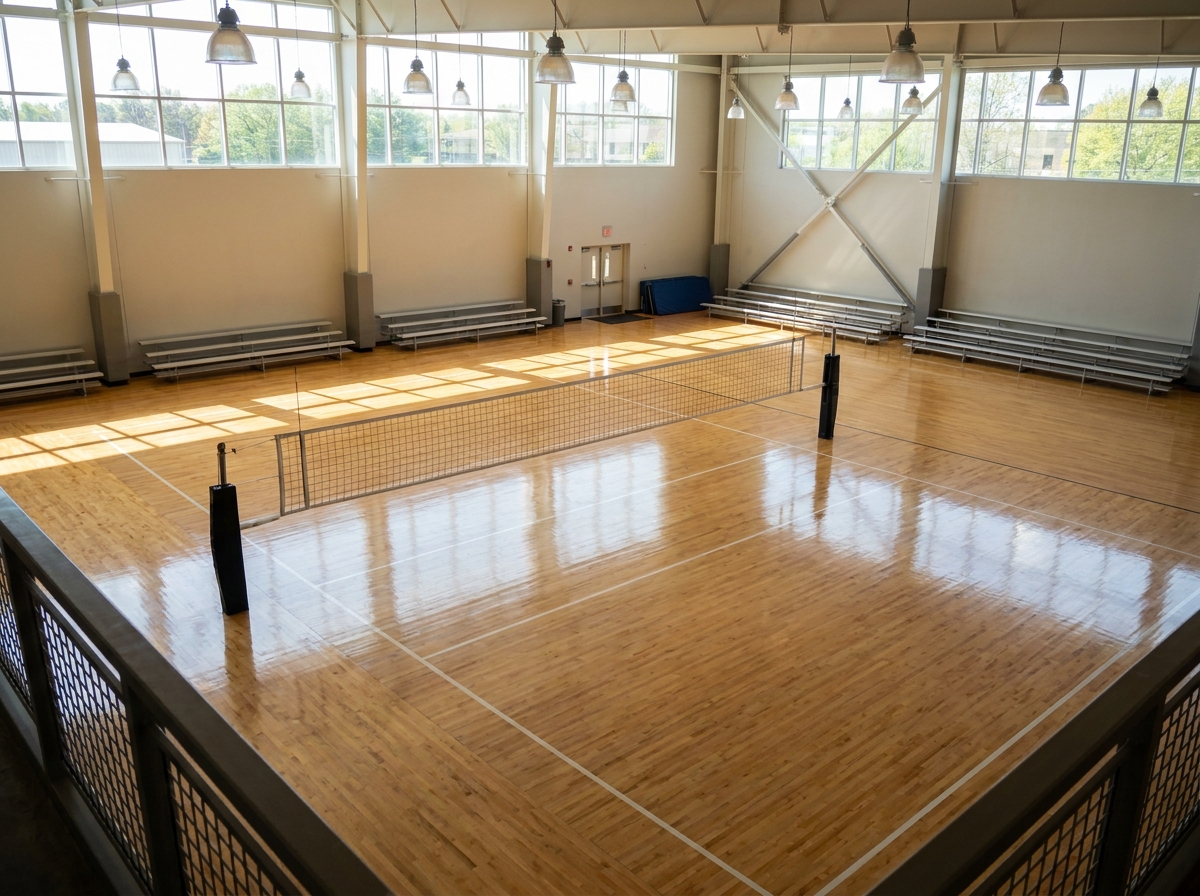 A pristine, empty indoor volleyball court ready for a match.