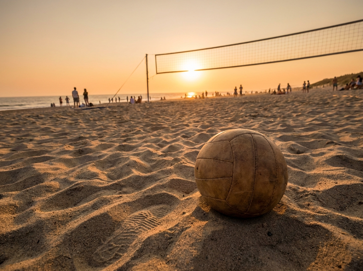 A volleyball on a sandy beach court at sunset.