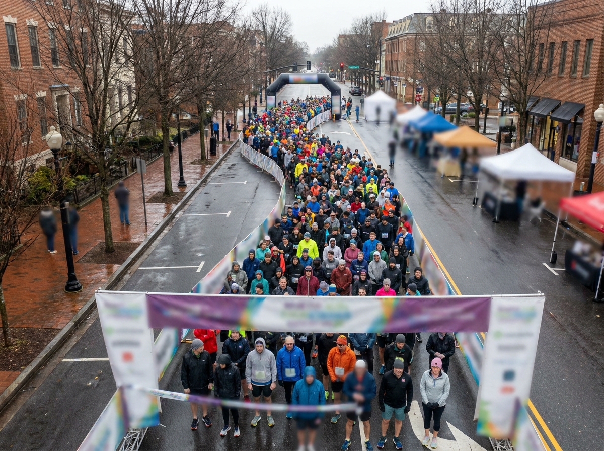 The starting line of a large walking event in an urban setting.